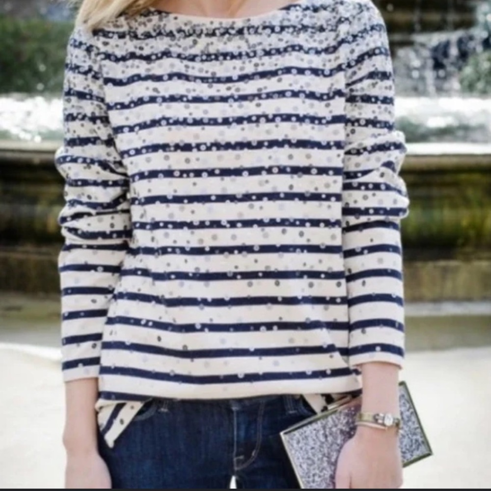 J Crew Factory sequined nautical navy ivory boatneck tee Sz S NWOT